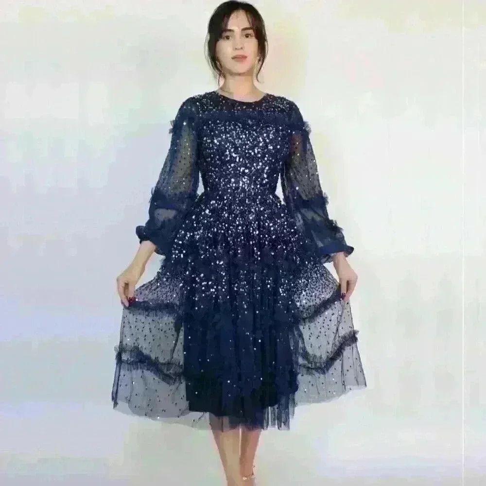 Maya Deluxe Navy Blue Sequin Party Midi Christmas/New Year's Party Dress